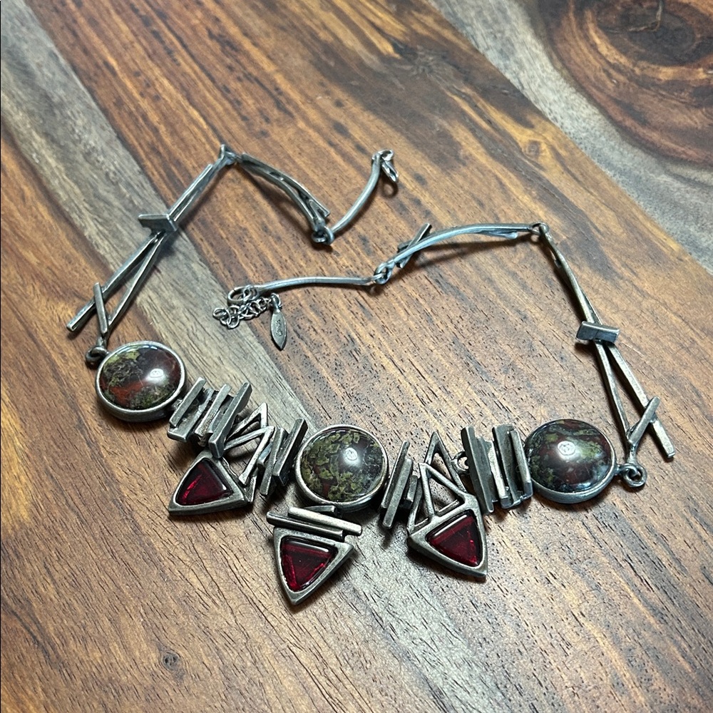 vtg Cosmos blood Jasper brutalist Red Geometric Necklace